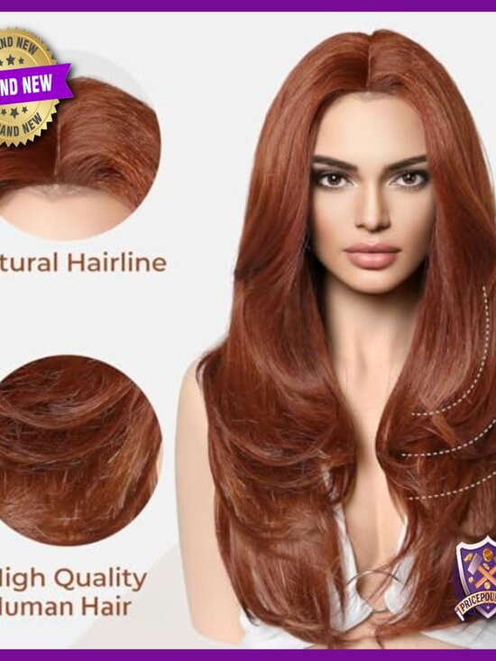 Long Human Hair Wig, Heat Resistant, Layered Middle Part, 24 Inch main image 5
